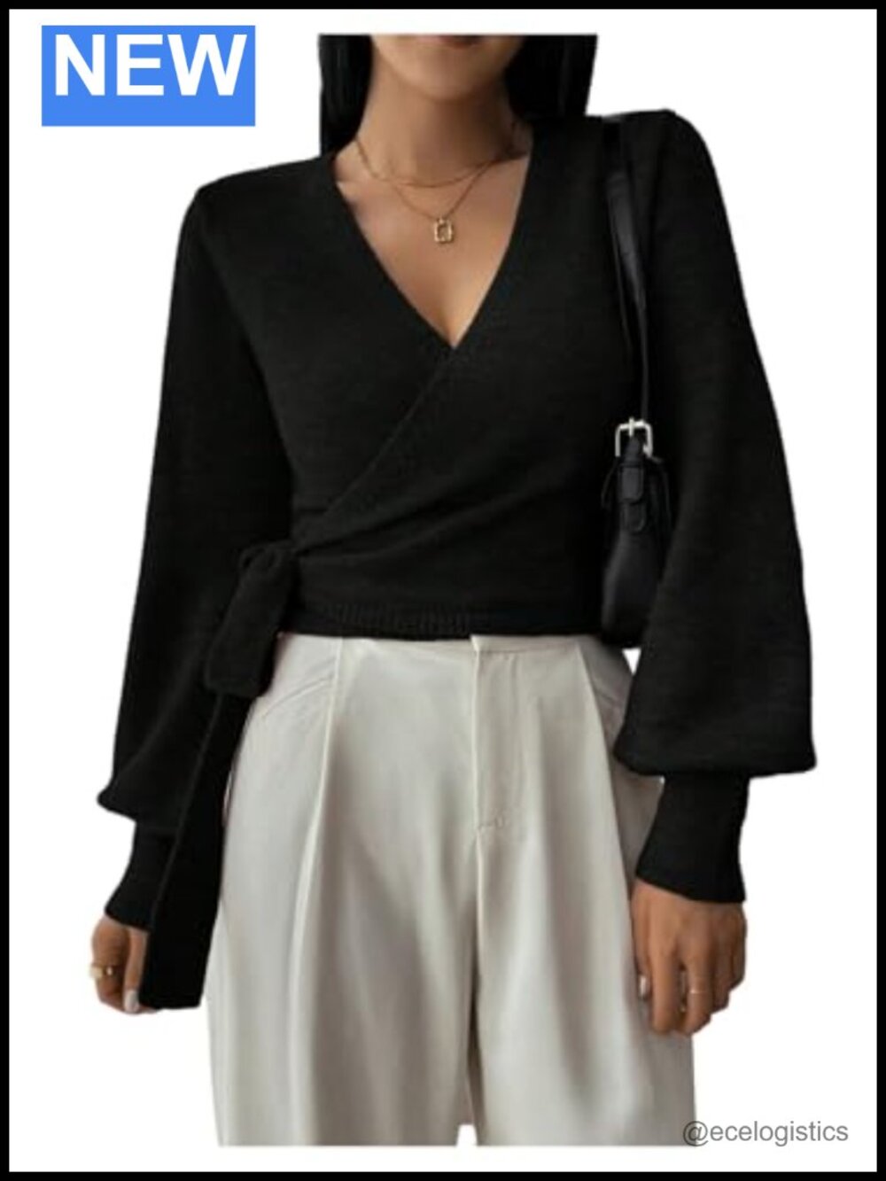 V Neck Cropped Sweater Wrap Knot Side Bishop Sleeve Fall